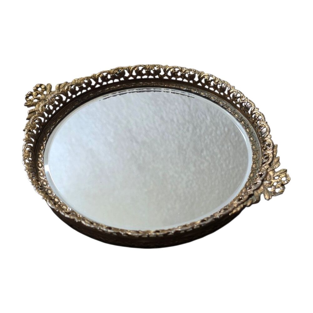 Vintage French Louis XV Style Gilt Bronze Metal Mirror Bow Edge 1970s Small 7"